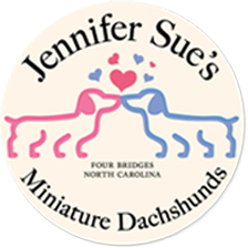 A button that says jennifer sue 's miniature dachshunds.