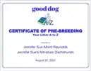 A certificate of pre-breeding for a dog.